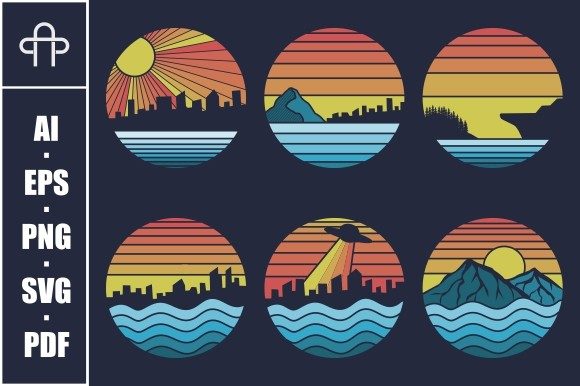 Shoreline Sunset Retro Vector